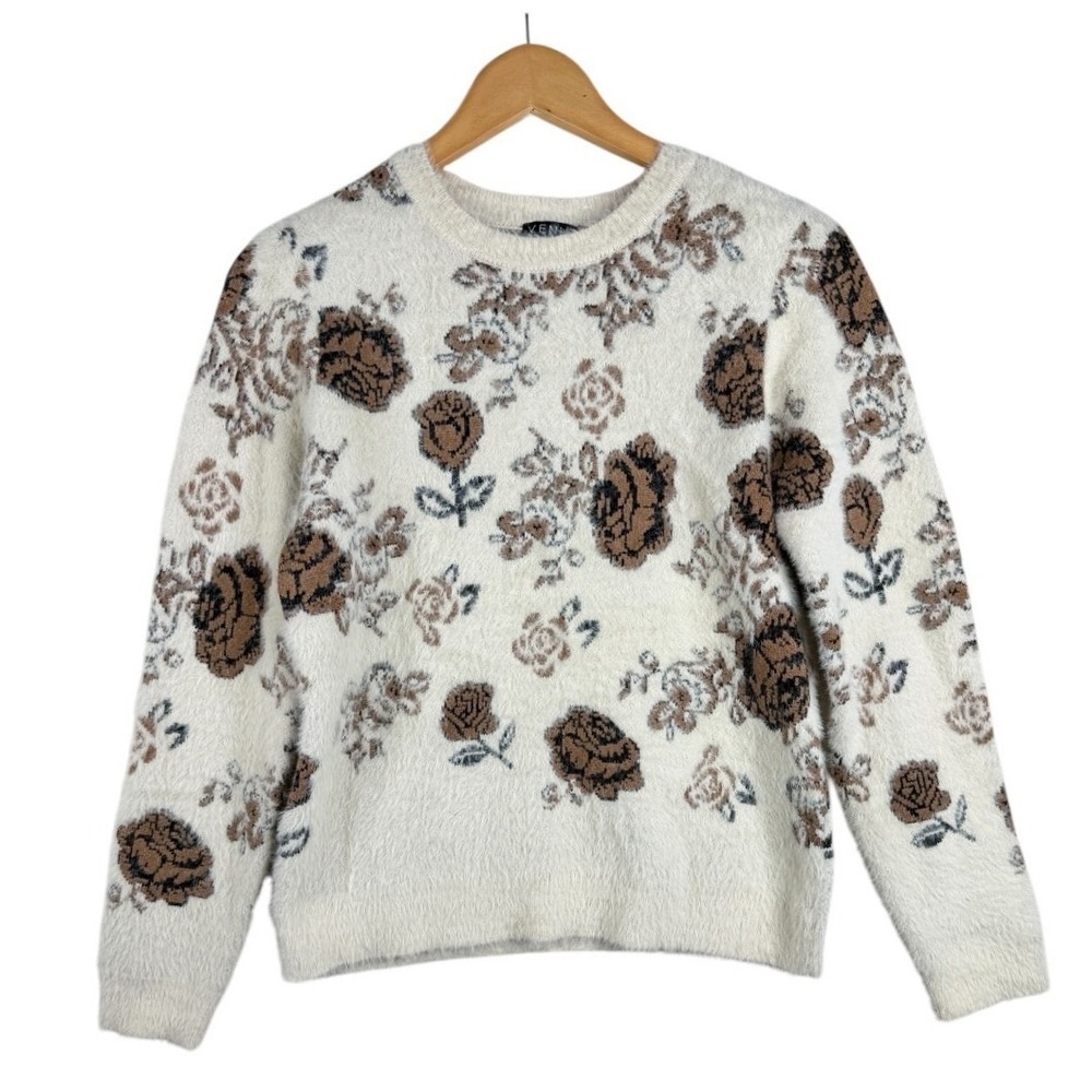 VENUS Womens Fuzzy Cream Crewneck Pullover Sweater Size Small Rose Pattern